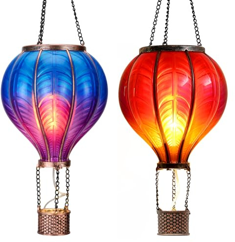 TERESA'S COLLECTIONS 2 Pcs Hot Air Balloon Solar Lantern Outdoor Garden Decor, Waterproof Hanging Solar Lantern with Flickering Flame Light for Yard Tree,Gift for Mom Lovers,18