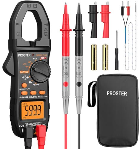 Proster Digitale Stromzange DC/AC Strom 800A TRMS Auto Ranging 6000 Counts LPF LOZ Strommessgerät Multimeter mit Licht für Spannung Strom Widerstand Kapazität Frequenz Durchgang Temperatur