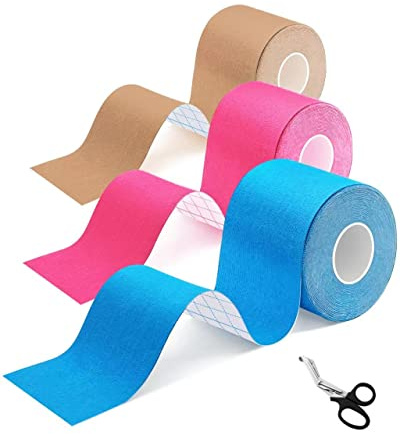 Kinesiotape,Strap Body Tape Bandes de Kinésiologie 5m x 5cm Soutien musculaire Soulager la douleur Ruban Adhésif Résistant à l'eau | Optimal pour le Sport(Peau/Bleue/Rose)