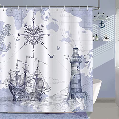 Bonhause Nautical Shower Curtain 180 x 180 cm Lighthouse Compass Anchor Blue Bathroom Curtain Waterproof Mildew & Mould Resistant Polyester Fabric Bath Curtain with 12 Hooks