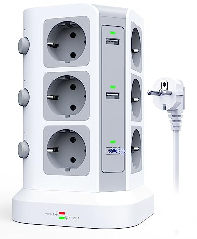 KOOSLA Mehrfachsteckdose 20W USB-C, 12 Fach, 2M, Weiß | 12 Steckdosen, Dual 20W USB-C PD/QC3.0, 4 USB-A, 2M Kabel, Überspannungsschutz, Büro, Zuhause