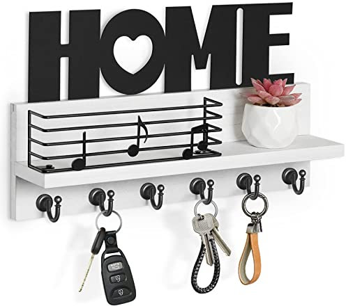 Bibykivn Portachiavi da Parete in Legno - HOME Décoration Appendi Chiavi a Muro Vintage, Appendichiavi da Muro in Legno con 6 Ganci, Multifunzione Decorativo per Lngresso, Corridoio, Ufficio (Bianco)