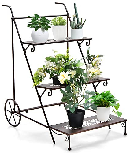 COSTWAY 3-Tier Metal Plant Stand, Rolling Garden Cart Ladder Flower Pot with Wheels and Handle, Indoor Outdoor Potted Plant Display Rack Shelf for Home Balcony Garden