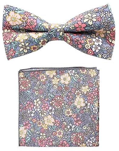Vorgebundene Fliege und Einstecktuch für Herren aus Baumwolle, Rosa und Gelb mit Blumenmuster, Length 4.5 inches, width 3 inches