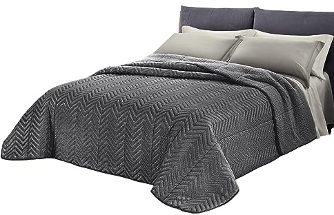 Trapunta Coperta Piumone Invernale Caldissimo imbottito 570 gr/mq in Pile Velluto 3D e Agnellato Sherpa Letto Matrimoniale 2 Piazze 260x260 cm Made in Italy Mod. ZigZag Glitter Nero Antracite