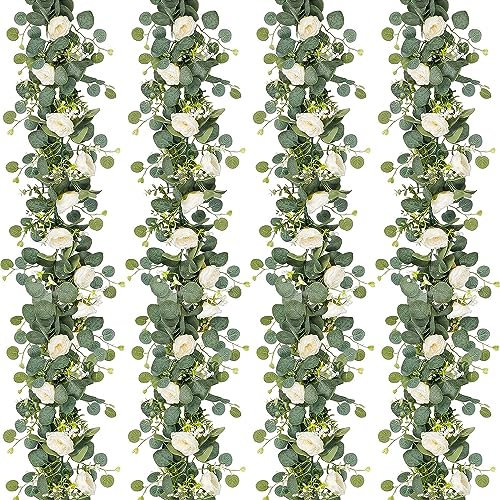 UXORSN 4PCS 6FT Artificial Eucalyptus Flower Garland with White Roses Fake Flower Garlands Silk Rose Greenery Garland Faux Floral Ivy Vines for Wedding Home Party Table Runner Centerpiece Decoration