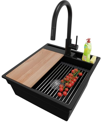 PRIMAGRAN Fregadero Granito al Mueble 50cm + Grifo, 48x53cm | Set: Grifo BW9010 + Kit de desagüe (sifón, válvula, rebosadero) + Oslo Pocket 1 Seno para Cocina, Negro