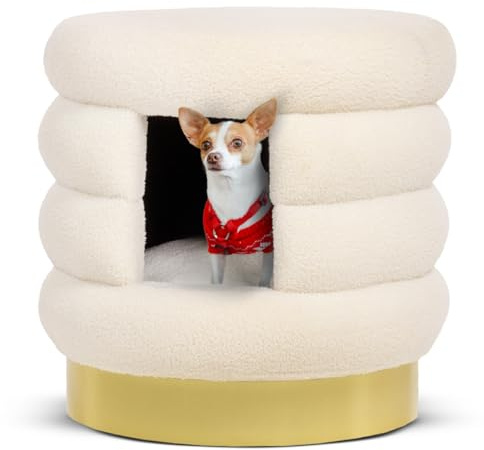 CanadianCat Company | Haustierbett Choupette - Design-Hundhütte für kleine Hunde | Hundemöbel Teddy weiß-Gold | ca. 58 x 58 x 59 cm