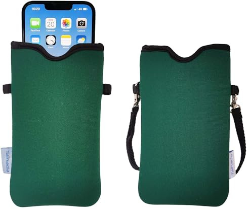 Tainada Custodia per telefono in neoprene da uomo e donna, con tracolla e cordino da collo, per iPhone 17/16/15 Pro Max, Air, 16e, 16/15 Plus; Samsung S26, S25, A57, A56 (verde scuro)