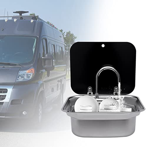 Edelstahl-Wohnwagen-Spülbecken, Rechteckiges Kompaktes Wohnmobil-Wohnwagen-Spülbecken mit Verschiedenen Wasserhähnen und Klappdeckel, Außenmaße: 42,3 x 37,3 x 15 CM