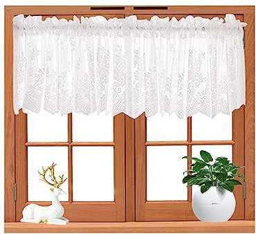 Lace Curtains for Windows Short - White Tier and Valance With Rod Pocket for Kitchen or Bathroom, Home Decor, Festival Gift (1 Piece, 130 x 41 cm)