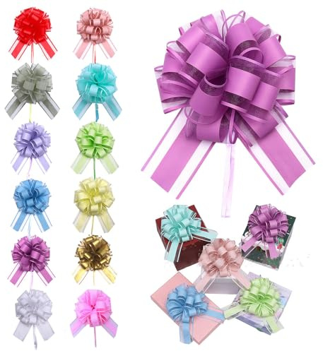 Große Geschenkschleife, 12 Stücks Bunt Geschenk Schleife mit Metallische Geschenkbänder, Gift Bows Large, Ziehschleife ø 18cm, Pull Bögen, Dekoschleifen für Verpacken Hochzeit Geburtstag Weihnachten