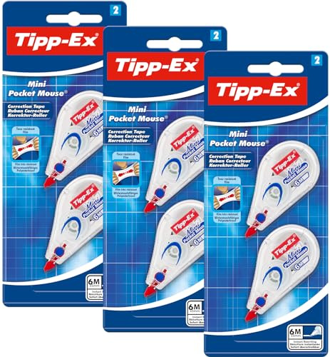 Tipp-Ex korrigeringsrulle Mini Pocket Mouse, 6 m x 5 mm, 6-pack | Perfekt för kontoret, hemmakontoret eller skolan | 6 stycken