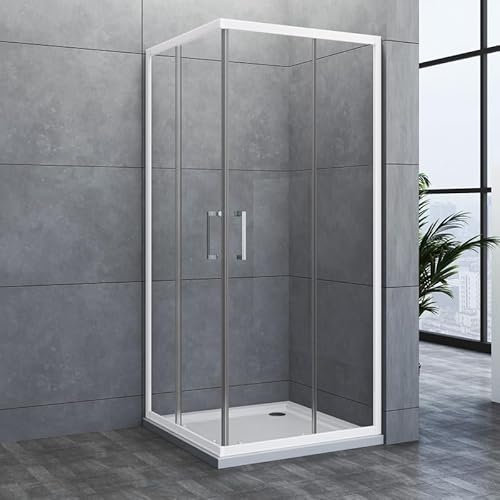 Eckeinstieg Duschkabine Schiebetür 75x90cm Weiß Duschabtrennung, Doppel Schiebetüren Duschtür Duschwand Dusche aus 6mm ESG Sicherheitsglas, Glas Eckeinstieg Duschschiebetür - 75x90x185cm