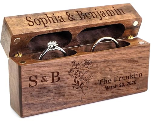 Auchic Double Ring Box - Engraved Slim Wooden Ring Case Box for Wedding Ceremony Engagement Proposal Ring Bearer Box - Anniversary Birthday Gift Ideas (Design 11)