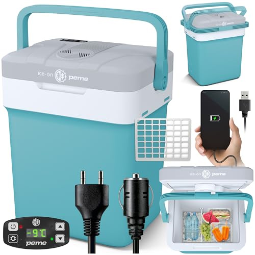 peme Kühlbox Auto elektrisch 12V 220-240 V mit Steckdose für Camping | Reisen und Ausflüge, für Erwachsene, täglicher Gebrauch, Lebensmittel und Getränke, unterwegs und zu Hause