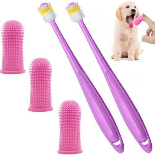Brosse à Dent pour Chien et Chat, 360° Brosses à Doigts, Rafraîchit l'Haleine & Élimine la Plaque Dentaire, Réutilisable, Pour le Nettoyage et le Soin des Dents, Lot de 5 (Rose)