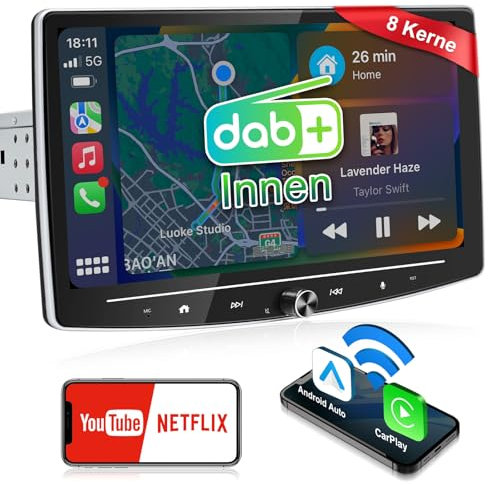10 Zoll DAB Autoradio 1Din mit Bildschirm, Android13 Touchscreen Autoradio Bluetooth mit Wireless CarPlay, 2+32G Auto Radio Car-Play Display mit Navi, 4G/WiFi, AM/FM/RDS, SWC/DSP, GooglePlay