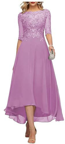 KURFACE Robe de mère de mariée en dentelle avec appliques, longueur thé, avec manches, en mousseline de soie, robe de soirée formelle longue pour mariage, lilas, 50 Grande taille