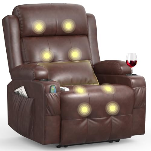 BareTay Recliner Armchair Electric Recliner Chair with Massage & Heat, Extended Footrest,Reclining Chair Lounge Sofa with Extra Pillow, Type C+USB Dual Drink Holders, 4 Side Pockets Padded Recliners
