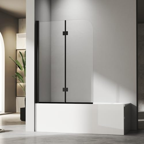 Goezes 2-teilig Duschwand für Badewanne 100x140cm, Schwarz Faltbar Glas Duschabtrennung Badewannenaufsatz Duschtrennwand aus 6mm ESG Nano Sicherheitsglas, 100cm Klappbar Badewannenfaltwand