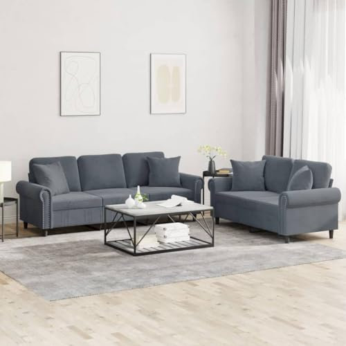 Homgoday 2-TLG. Sofagarnitur mit Kissen Sofa Couch Wohnzimmersofa Loungesofa mit Armlehnen, Designsofa Couchgarnitur Polstermöbel Sitzmöbel für Wohnzimmer Büro Dunkelgrau Samt