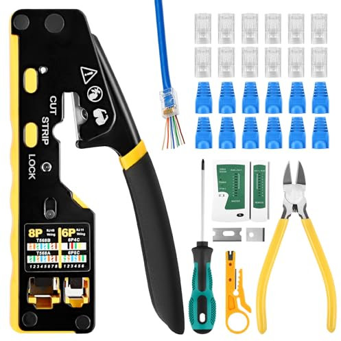 RJ45 Crimpzange Netzwerk Werkzeug Set mit Netzwerk Kabeltester 50 Stück CAT6 Stecker 50 Stück Stiefel für Netzwerkstecker CAT5/CAT6/CAT7
