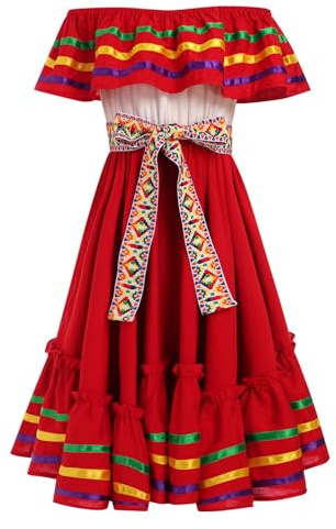 EFOGEP Robe mexicaine traditionnelle folk drapé pour fille | Robe folklorique Cinco de Mayo à épaules dénudées à volants pour fête de vacances