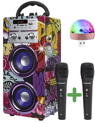 DYNASONIC Macchina Karaoke Portatile, 2 Microfoni, Altoparlante Bluetooth, Design unico ed esclusivo, Luci, Lettore USB e SD (025-12 lights)
