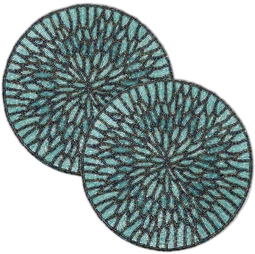 Beaded Placemats for Dining Table, 13 Inches Placemat Set of 2 for Farmhouse Decor Kitchen Table Décor, Round Table Mats for Dining Tables, Non-Slip Place Mats (Blue Black) - ALPHA Living HOME