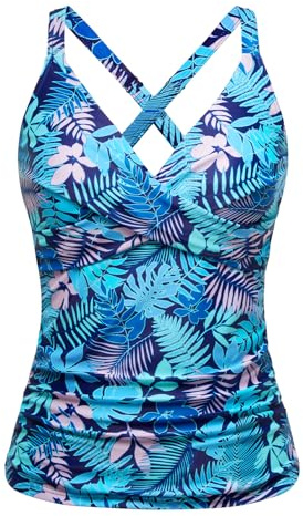 Women Underwire Tankini Top Only - Twist Front V Neck Bathing Suit Swim Top Tummy Control Cross Swimsuit 2026 Blue Leaves L