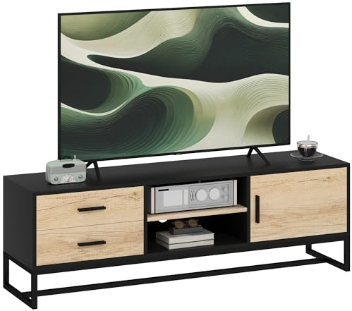 HOMCOM TV Schrank TV Board mit Schrankfach, Schubladen, 2 offenen Fächern 140 cm lang TV Lowboard mit Kabelmanagement für Fernseher bis zu 60 Zoll für Wohnzimmer Schwarz 140x35x45cm