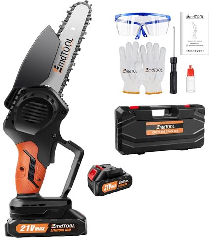 Mini Chainsaw Cordless 6 Inch Handheld Rechargeable Chain Saw with Security Lock, Small Electric Chainsaws Battery Powered for Wood/Trees Cutting - Orange - 2 Batteries