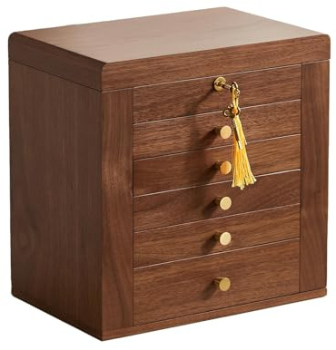 Homruilink Black Walnut Wooden Jewellery Box, Wood Jewellery Organiser with 2 Side Doors Mirror Lockable Classical Style for Watch Necklace Ring Earring Storage, Gift for Her-6 Layer