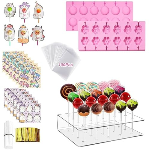 403 Stück Cake Pop Formen Set Mit 1 Acryl Lollipop Halter,1 Silikon Form Set,100 Pcs Klare Taschen,100 Pcs Treat Sticks,100 Pcs Twist Ties Metallischen, 100 Süßigkeitenkarten