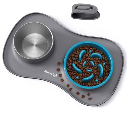 MateeyLife Ciotola Anti Ingozzamento e Ciotola per Cani 3 in 1, Set per Cani e Gatti in Acciaio Inossidabile con Tappetino in Silicone, Ciotola Lenta per Razze Piccole, Medie e Grandi 51.5 × 30.7 cm