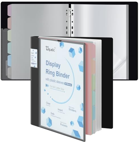 Uquelic Classeur de présentation à anneaux A4 avec 50 pochettes perforées et 6 pages intercalaires couleur macaron PP pochettes en plastique pour documents, certificats, couverture personnalisée