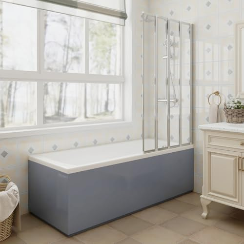 Aquariss 1700x700mm Designer Square Shower Bath Acrylic Straight Single Ended Soaking Bathtub Adjustable Feet + Gloss Grey Front & End Bath Panel + 850x1400mm Chrome 4 Folding Panel Bath Screen