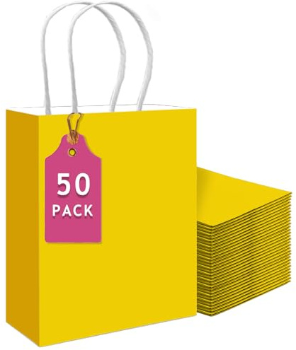 Gcardist 50 pezzi Sacchetti regalo luminosi in giallo grande con manici - 33 x 26,2 x 11,7 cm - Sacchetti di carta per feste per molteplici usi