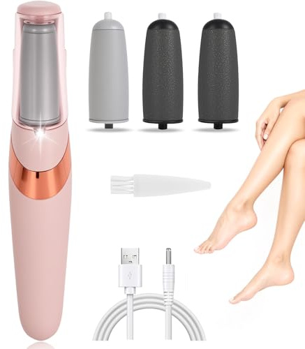 JINRUBY Electric Foot File - Hard Skin Remover Pedicure Tools with 4 Replacement Roller Heads Rechargeable Callus Remover Foot Files for Hard Skin Dry Cracked Heels Dead Skin Pink