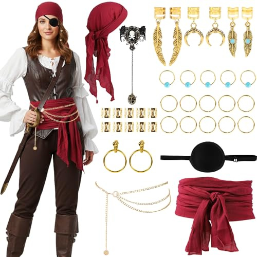 VeLoscient Piratenkostüm Damen Mittelalter Piratenkostüm Zubehör Set Piraten Accessoires Set mit Kopftuch,Gürtel Augenklappe,Taillenkette,Ohrringe für Halloween karneval Fasching Cosplay Party