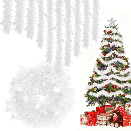 Weihnachtsgirlande,10 Stück glänzende Christmas Garland Weihnachtsdeko Girlande,je 2m Länge,Lametta Girlande Weihnachten für Weihnachtsbaum-Deko,Innen Außendekoration bei Weihnachtsfeiern (Weiß)