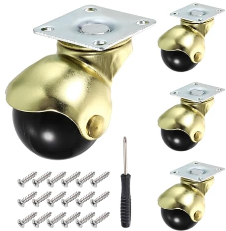 sourcing map 1.5 Inch Ball Caster Wheels, Swivel Furniture Casters with Swivel Top Plate Mount/Self-Tapping Screws/Screwdriver for Furniture, (Gold, Pack of 4)