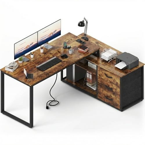 JUMMICO Schreibtisch mit Schubladen, 140 x 105 x 75 cm, L Form Reversible Eckschreibtisch mit 2 USB-Ladeanschlüssen und 2 Steckdosen, Braun