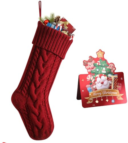 meioro Weihnachtsstrumpf, 46cm Große Kabel Gestrickte Nikolausstrumpf, Weihnachtsdekorationen für Familie Party Kamin Weihnachtsmann Dekoration Nikolaussocke, Hängende Weihnachtsstrümpfe (Rot)