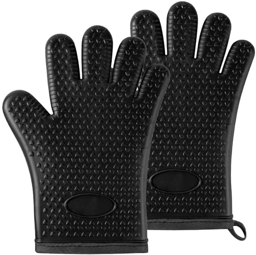 Silicone Oven Gloves Heat Resistant - Black Oven Gloves Silicone Oven Mitts Heat Resistant, Premium Non-Slip Design Kitchen Gloves Soft Lining for Cooking Baking Kitchen Mittens