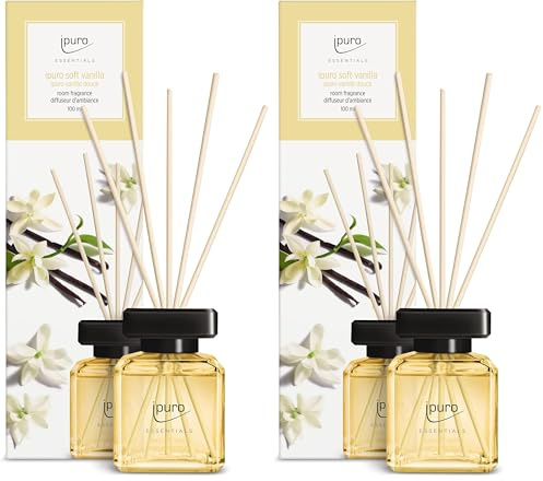 ipuro - Essentials Raumduft Soft Vanilla 100ml | Raumerfrischer mit Vanille, Sandelholz, Lakritz, Pfirsichblüte & Karamell Duft Aroma | Diffuser mit Stäbchen | Lufterfrischer für die Wohnung