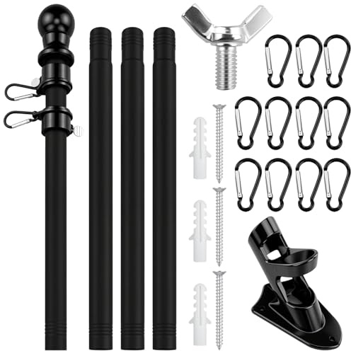 Mât de drapeau stable de 1,5 m - En acier inoxydable - Noir - Avec anneaux pour mât de drapeau, mât de drapeau, mousquetons - Pour jardin, cour, mur, véranda