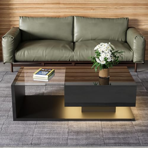 Quiaviank High Gloss Coffee Table with LED Lights and Storage, Modern Centre Table with Display Shelf and 1 Drawer, Rectangle Sofa Side Tea Table with Glass Top for Living Room Furniture, Office