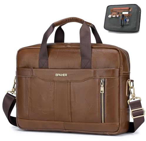 SPAHER Cartable Homme Cuir Malette Sacoche Ordinateur Homme 14/15,6 Pouces Sacoche Travail Business Besace Sac Porte Document Sacs à Main Bandoulière Messenger Bag pour Affaire Voyage